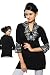 Black crepe kurti with contrast colored embroidery work.