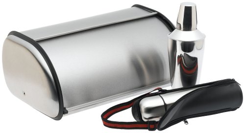 Prime Pacific Stainless Steel Bread Box includes Bonus Flask and .5 Liter Stainless Steel Cocktail Shaker with Carrying Case