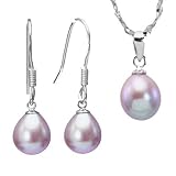Pearl Essence 7-8mm AAAA Drop Pendant Necklace & Earrings Set in Platinum Overlay CAREFREE Sterling Silver, Lavender