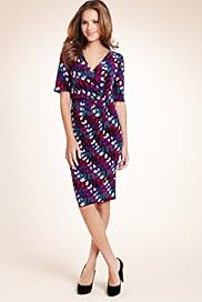 Crossover V Neck Grid Stripe Print Mock Wrap Dress