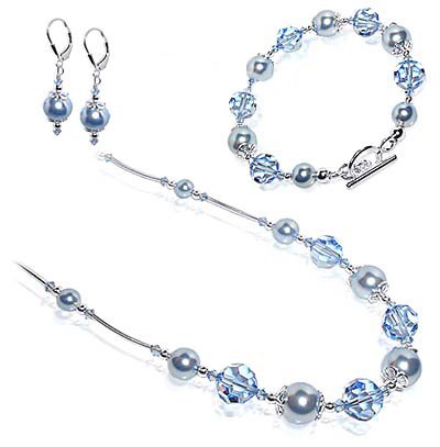 Silver Crystal Faux Pearl Bracelet Earrings 14