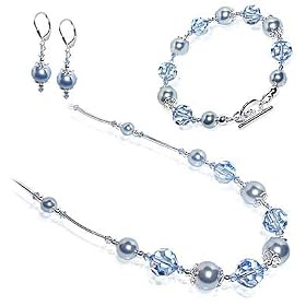 Silver Crystal Faux Pearl Bracelet Earrings 14" to 24" Necklace Jewelry Set