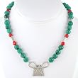 Faceted Turquoise and Coral Gemstone Bead Choker Necklace with Sterling Silver Spirit Lock Pendant, 16 1/2" Length #7888