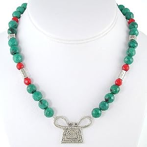 Faceted Turquoise and Coral Gemstone Bead Choker Necklace with Sterling Silver Spirit Lock Pendant, 16 1/2" Length #7888