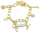 Juicy Inspired Multi Charm Bracelet with Crown, Crystals, Letter J and Dog Couture Toggle Bracelet in Gold