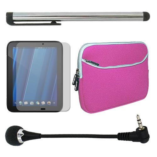 Skque Pink Dual Pocket Carrying Case + Mini 3.5mm Flexible Microphone for PC/Laptop/Skype 17CM + LCD Screen Protector + Touch Screen Stylus Pen for HP TouchPad Wi-Fi 32 GB 9.7-Inch Tablet