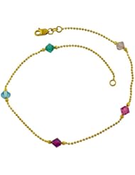 14 Karat Yellow Gold Diamond-Cut Bead Ball Swarovski Crystals Station Anklet