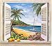Tropical Beach Palm Window Wallpaper Wall Mural Decor Tree Trees Hawaii Hawaiian Polynesian Ocean Sand Sailboat Sailing Shutters Home Decor Wall Art View Image