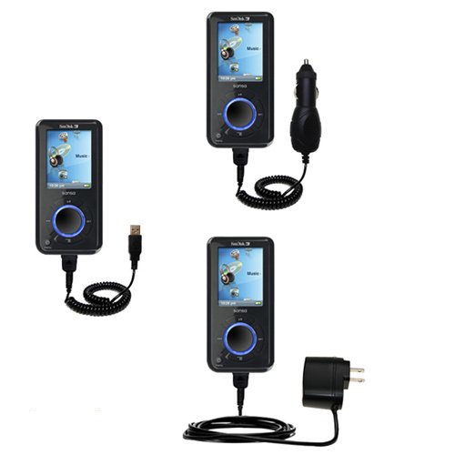Deluxe Kit for the Sandisk Sansa E250 includes a USB cable with Car and Wall Charger - uses Gomadic TipExchange Technology