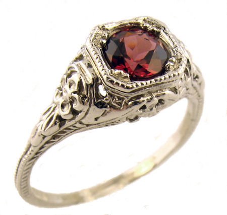 14k White Gold Vintage Style Filigree .90ct Rhodolite Garnet Ring, Sz 7 1/2
