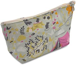 Dana Herbert Designer Travel Cosmetic Tolietries Bag, Size Medium 5x9 inch Cotton with Plastic Liner, Handmade in USA, Grey Camping Pattern