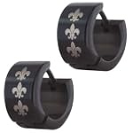 SAVE $9.32 - Stainless Steel Black Fleur De Lis Mens Hoop Stud Earrings - For Valentines Day Gift $9.32