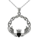 Sterling Silver Onyx Claddagh Ring Pendant with 18 inch Cable Chain
