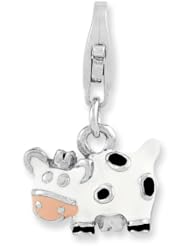 Sterling Silver Rhodium-plated Enameled Cow w/Lobster Clasp Charm