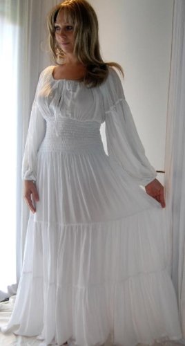 WHITE DRESS PEASANT SMOCKED RUFFLED FITS - S M L - O133S