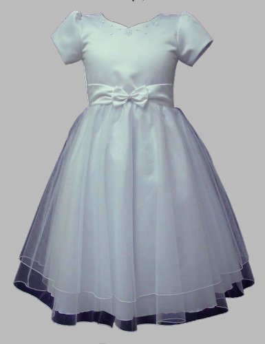 White Communion Cap Sleeves Dress with Center Bow and Two Layer Tulle Skirt (7-16) (10) White Communion Cap Sleeves Dress with Center Bow and Two Layer Tulle Skirt (7-16) (10)