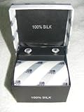 Men's 100% Thai Silk Necktie (Gift Set)- Ivory and Silver Stripes with Small Black Elephant Design