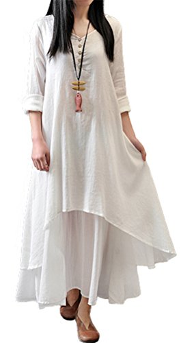Eleganlife Women's Long Sleeve Fake 2PCS Chinese Style Cotton Linen Long Dress