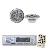 Pyle Marine Radio Receiver and Speaker Package - PLMR18 AM/FM-MPX PLL Tuning Radio w/SD/MMC Memory Card Slot & USB - PLMR60S 150 Watt 6.5 2 Way White Marine Waterproof Speakers (Silver Color)