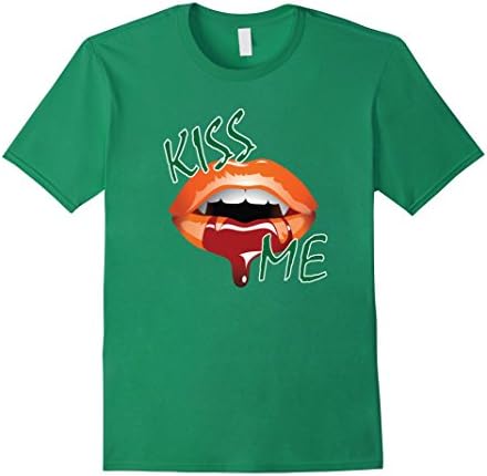 Men's Kiss Me Orange Lips and Vampire Fangs T Shirt (B180) Medium Kelly Green