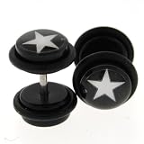 Fake Acrylic Plugs - Black with White Star 16g Wire; 8mm - Sold as a Pair