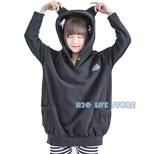 H2O LIFE 森ガール系 レディース トレーナー パーカー 可愛い 猫耳 猫プリント ロング丈 プルオーバー 萌え