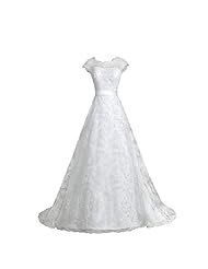 A-line Short Sleeves Lace Evening Dress/Homecoming Dress/Prom Dress/Party Dress/Wedding Dress  with a Brush/Sweep Train 