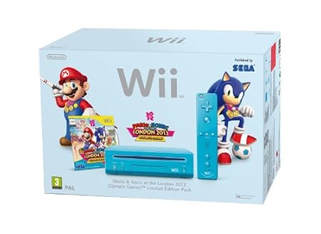 Nintendo Wii Console (Blue) with Mario and Sonic at the London 2012 Olympic Games (New Slim-Style)