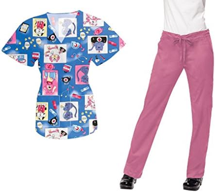 Womens Nursing Scrubs SET Printed Top and Pants Nurse Uniforms Print Tops (L, PLUMERIA-GWFR)