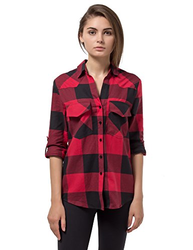 Red Black Plaid Flannel Checked Button Down Dress Shirt Long Sleeve for Women