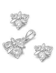 Sterling Silver Windmill Pendant with Earrings Jewelry Set with Round Clear CZ