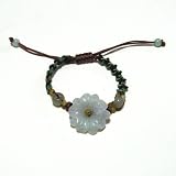 Hand-knotted Carved Daisy Jade Bracelet - Brown/Green Adjustable Cord