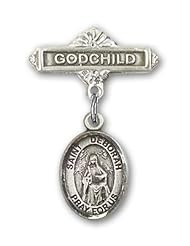 Sterling Silver Baby Badge with St. Deborah Charm and Godchild Badge Pin