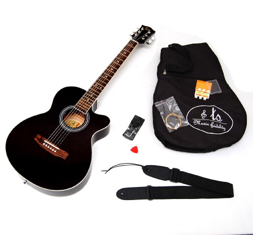 Akustik Gitarre “Western Style” in Schwarz und Walnuss – mit Zubehörset: gepolsterte Tasche, Gurt, Ersatzsaiten und Stimmpfeife