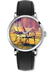 SPRAWL Aanalog Fashion Series Silver Ladies Watches of Genuine Black Leather Strap,Unique Wrist Watch for Women Girls Designed with Bench in the park