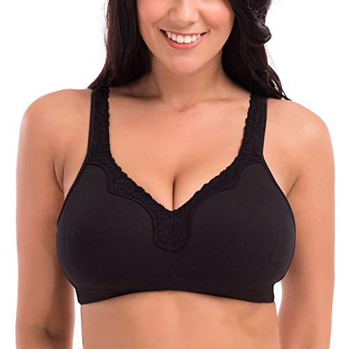La Isla Women's Cotton Full Coverage Wirefree Non-padded Lace Trim Plus Size Bra