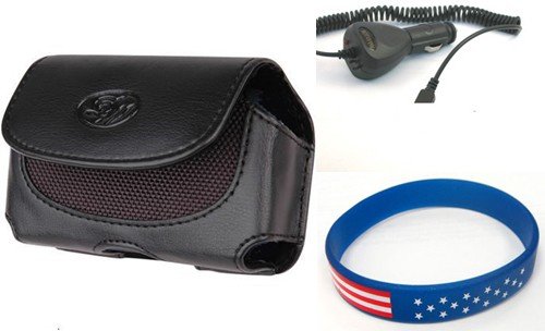 Premium Black Carrying Horizontal Case Pouch with Belt Clip for Blackberry 8110 Pearl + Car Vehicle Auto Charger + Free Star Stripes WristBand