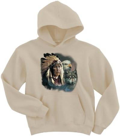 Cotton Blend Sweatshirt Hoodie - Indian Chief Wolf and Eagle - Sand - 3X