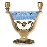 Candle Holders - Made in Israel for Shabbat and Jewish Holidays. 8 1/2 Tal.Harp Shape. Gold Metal with Blue Glass. Great Gift