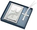 Sterling Silver Fronted White Leather Bible and Sterling Silver Cross Bookmark Gift Set