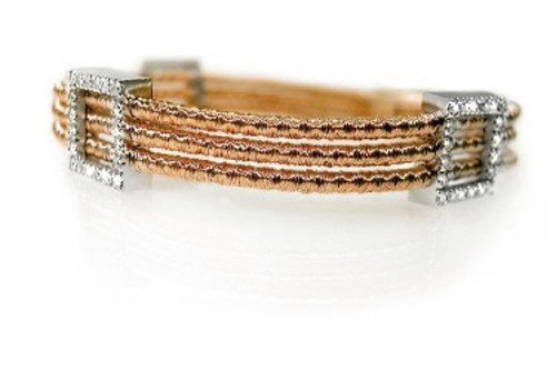 18K Rose Gold Two-Strand, Hand-Woven Mesh Bracelet, Designed With Three Square Shapes, Enhanced With Pave Set Diamonds. ( GH-Color, SI-Clarity; c.t.tw.0.75 CT ).