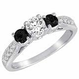 10K Gold Round 3 Stone Diamond and Onyx Ring With Milgrain Pave Set Shank (0.95 ctw)