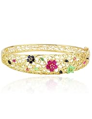 18k Gold Over Sterling Silver Ruby and Emerald Floral Bangle Bracelet