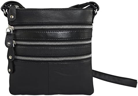 Genuine Leather Women's Casual Multi-Pocket Small Crossbody Bag With Metal Zippers (Black)