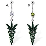 Belly ring with dangling medical snakes and pot leaf
