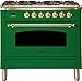 Ilve UPN90FDMPVSLP Nostalgie Series 36 Inch Dual Fuel Convection Freestanding Range, 5 Sealed Brass Burners, 3.55 cu.ft. Total Oven Capacity in Emerald Green, Brass Trim (Liquid Propane)