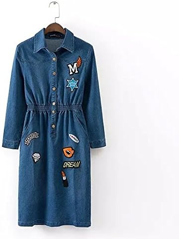 MoonlightCity Women Spring Autumn Retro Embroidered Badges Denim Dress Blue XL