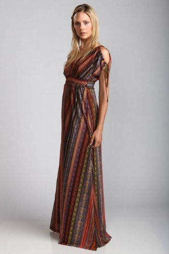 Line & Dot Unique Tribal Print Maxi Dress with Open Shoulders & Empire Waist onSale