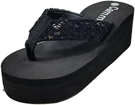 Women's Fashion Wedge Platform Flip Flops Thong Sandals (8, Bk/ Black bead Lace)