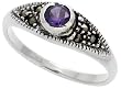 Sterling Silver Marcasite Thin Ring, w/ Brilliant Cut Amethyst CZ, 3/16 (5mm) wide
